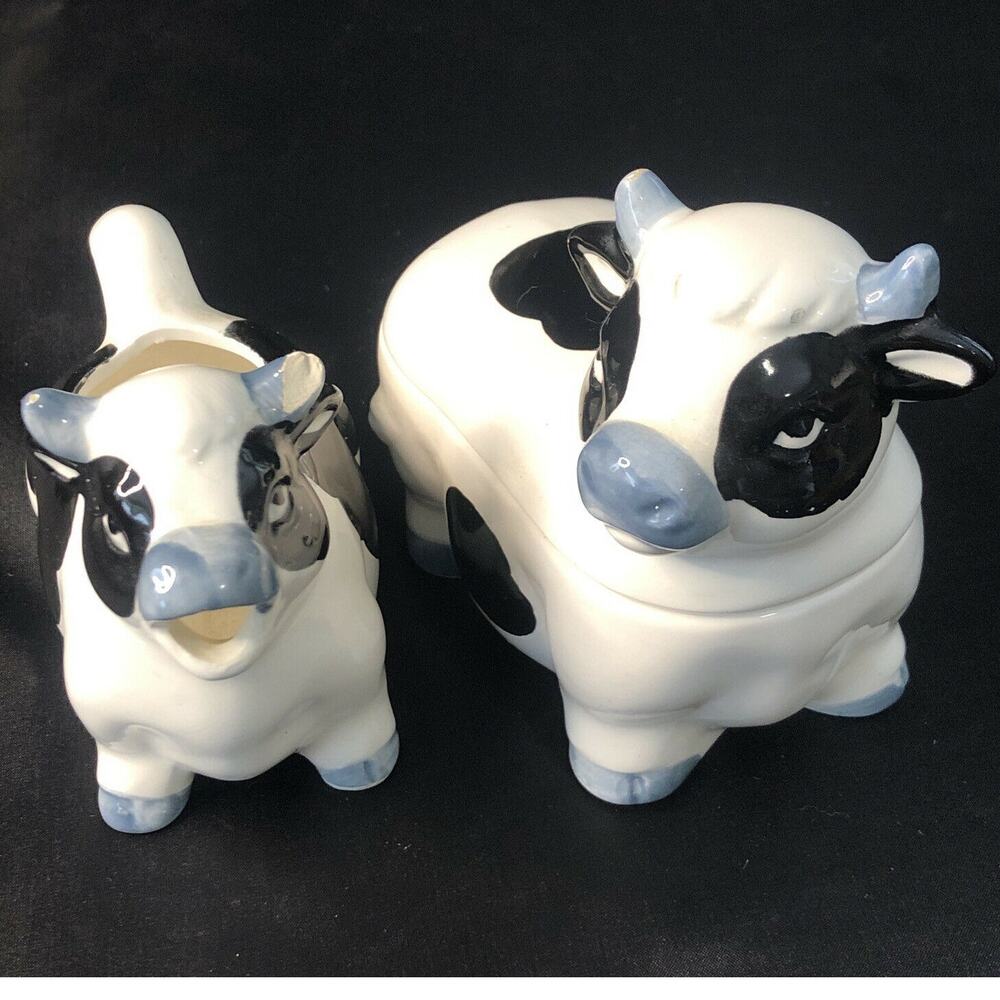 Holstein Cow Black, White & Gray Ceramic Creamer And Sugar Bowl Set Country Farm
